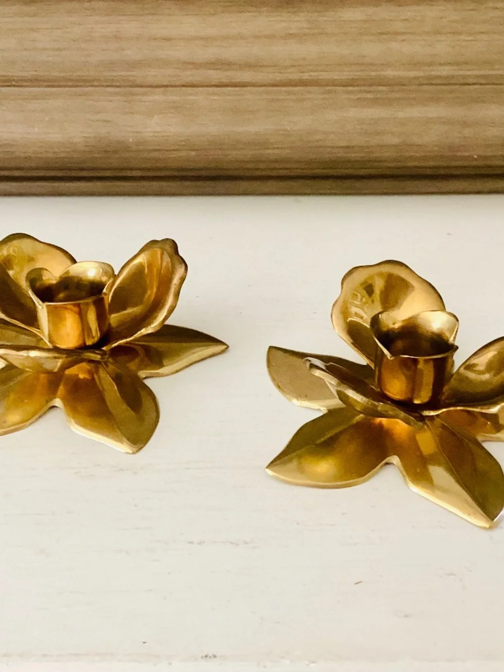 Set of 2 Solid Brass Lotus Flowers Taper Candle Holders MCM Vintage Decor Metal